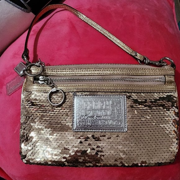 Coach Handbags - Coach Gold Sequin Wristlet Clutch